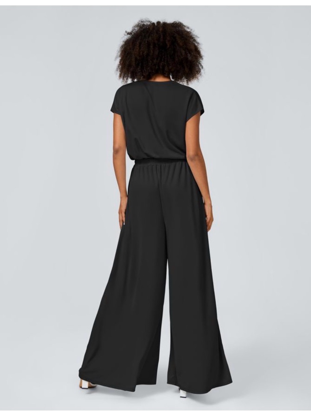 Halara V-Neck Short Sleeve Side Pocket Wide Leg Flowy Casual Jumpsuit - Picture 2 of 5